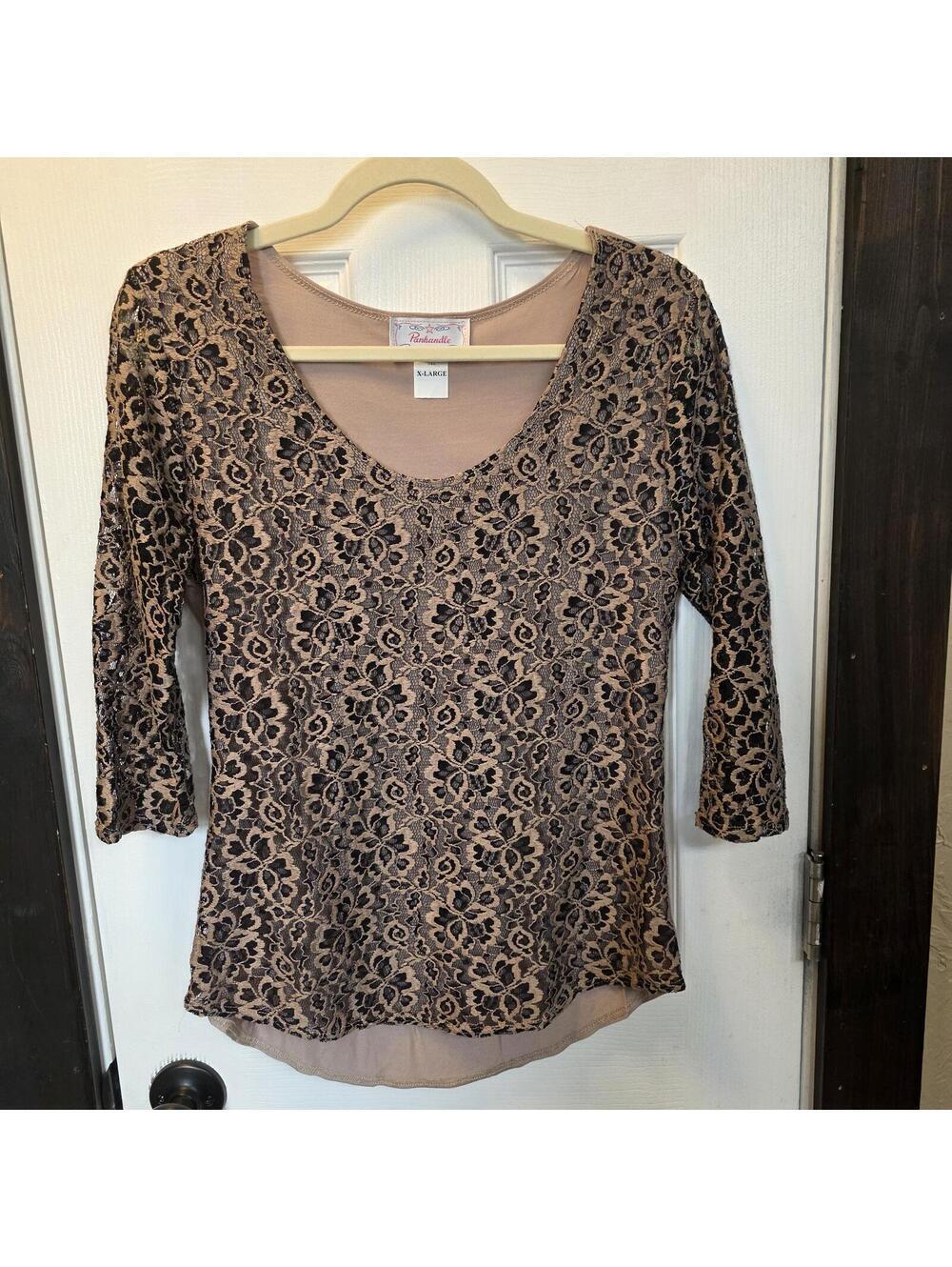 Panhandle Women's X-Large Beige and Black Lace Patterned 3/4 Sleeve Top - Picture 1 of 8